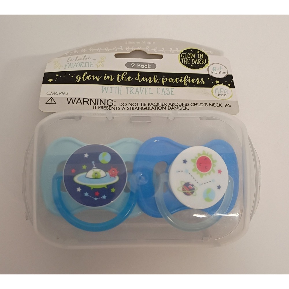 NEW Le Bebe 2 Pack Glow-in-the-Dark Blue Pacifiers (UFO, Planets, Stars) w/ Case